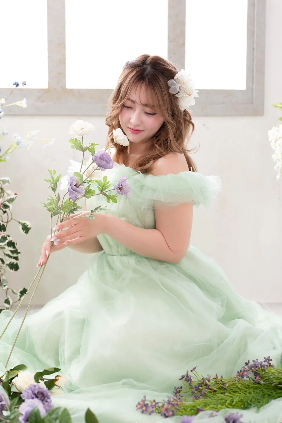 グリーンのドレスでのスタジオ撮影